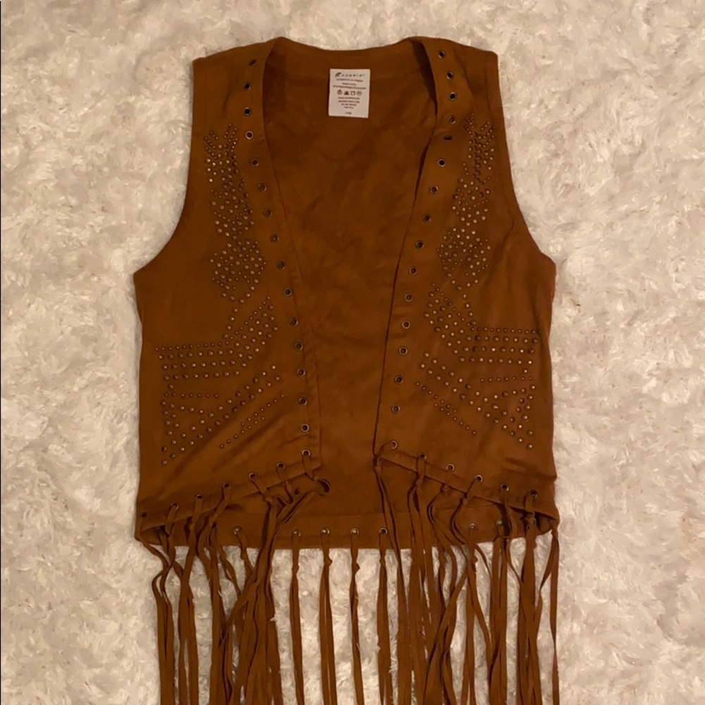 Faux suede brown studded fringe vest size L